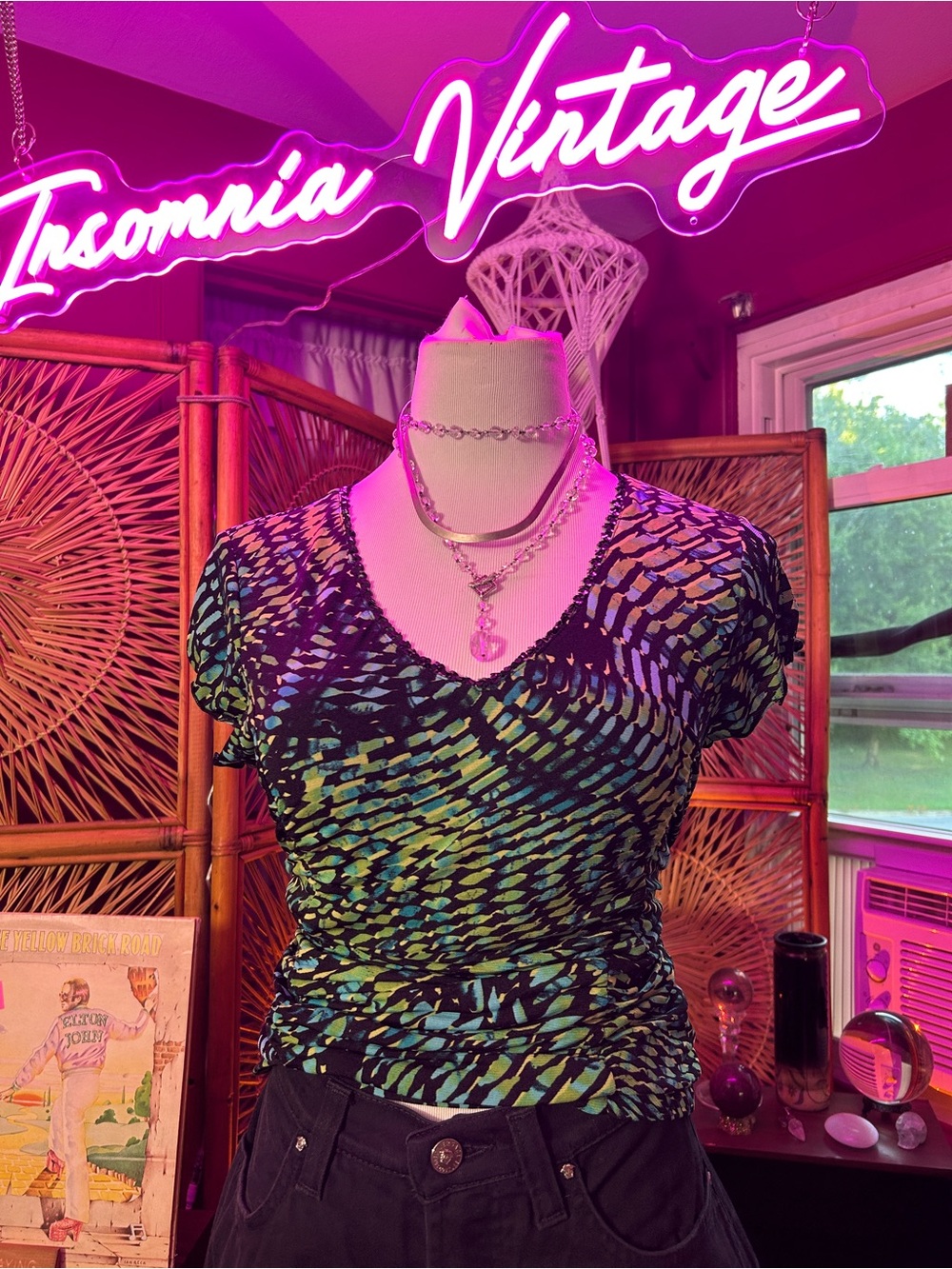 Style & Co. Y2K Black Top with Green & Blue Abstract Print